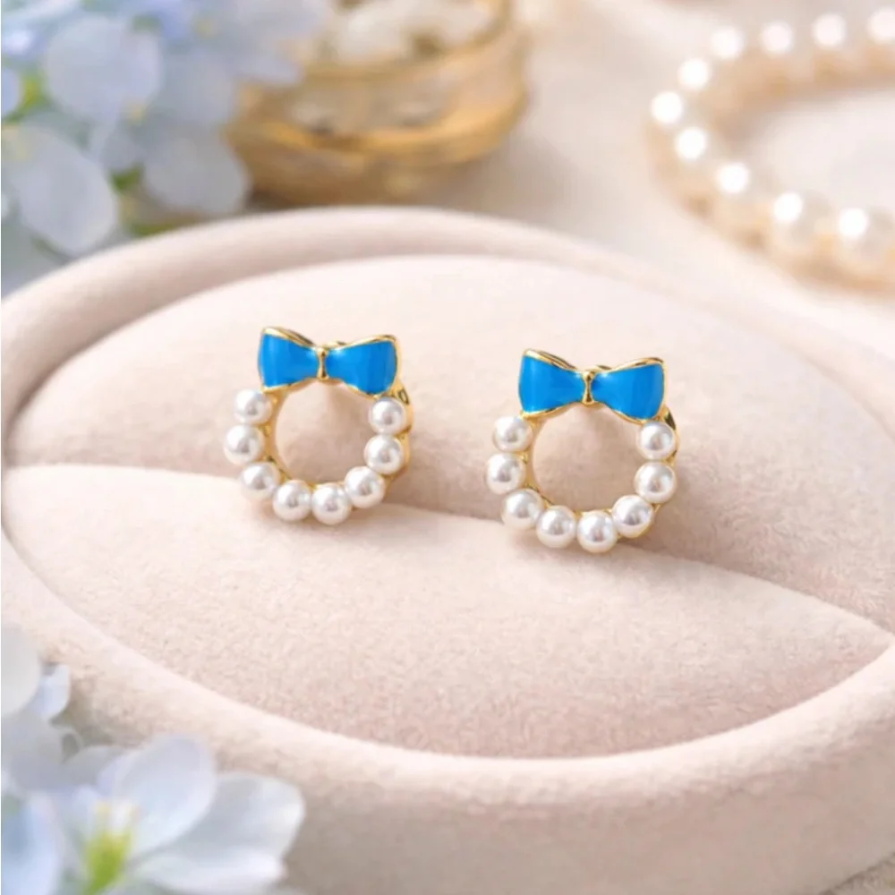 Blue Bow Pearl Earrings